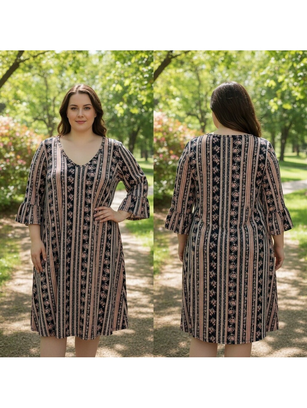1771 - Everly XL Black and Beige Floral Striped Dress with 3/4 Sleeves